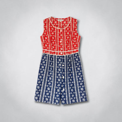 True Vintage Two-Piece Dress & Shorts Set – Red/Blue Floral Calico, XS