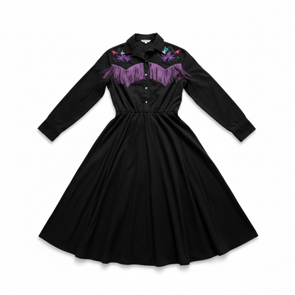 Vintage Black Western Dress with Purple Fringe & Abstract Star Details, size m