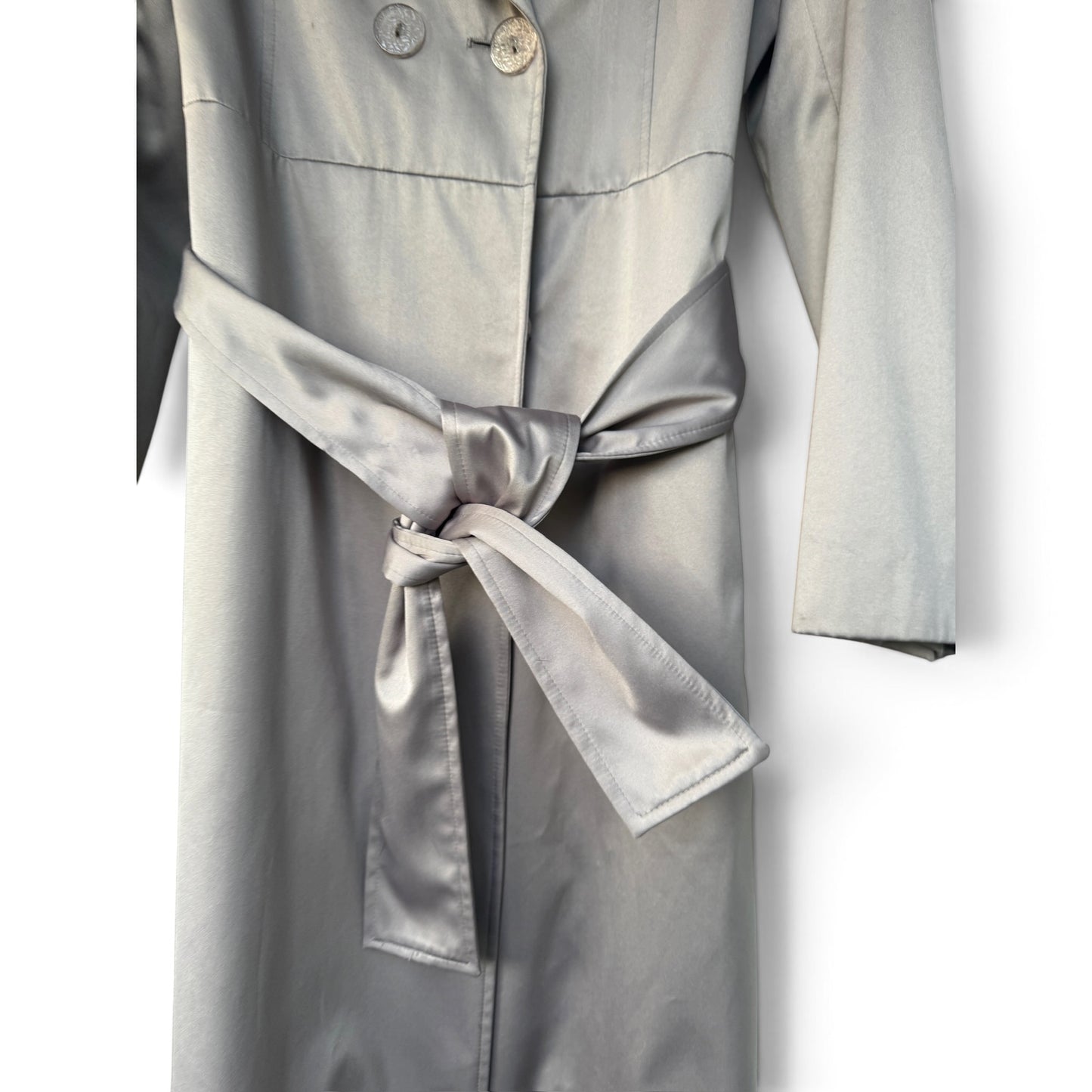 Tahari Grey / Taupe Satin-Finish Belted Trench Coat Jacket, Size M/L
