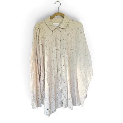American Eagle Eyelet Shirt, Taupe, Relaxed Fit Button Up Shirt, Size XXL