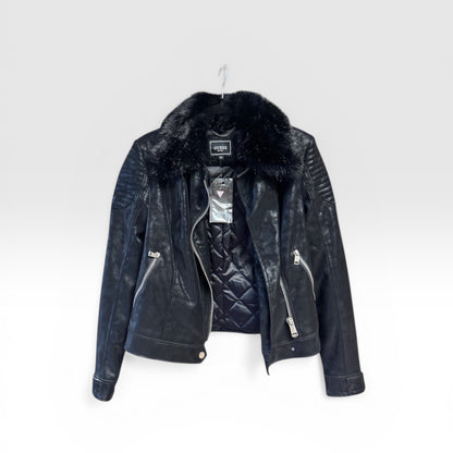 NWT Guess Black Faux Leather with Fur Trim Jacket, size small