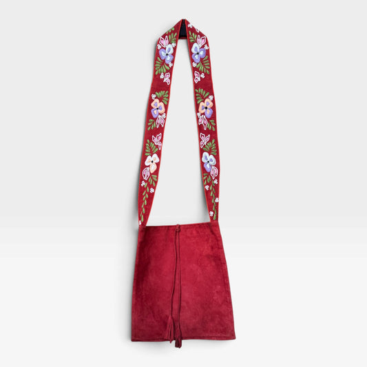 Vintage Moyna Embroidered Floral Red Suede Boho Crossbody Bag