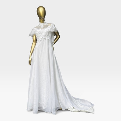 True Vintage 70s Chiffon Wedding Gown, Illusion Lace Back & Train, Size S