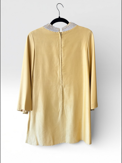 Vintage 60s Yellow Mini Dress with Pearl Embellishments, size s
