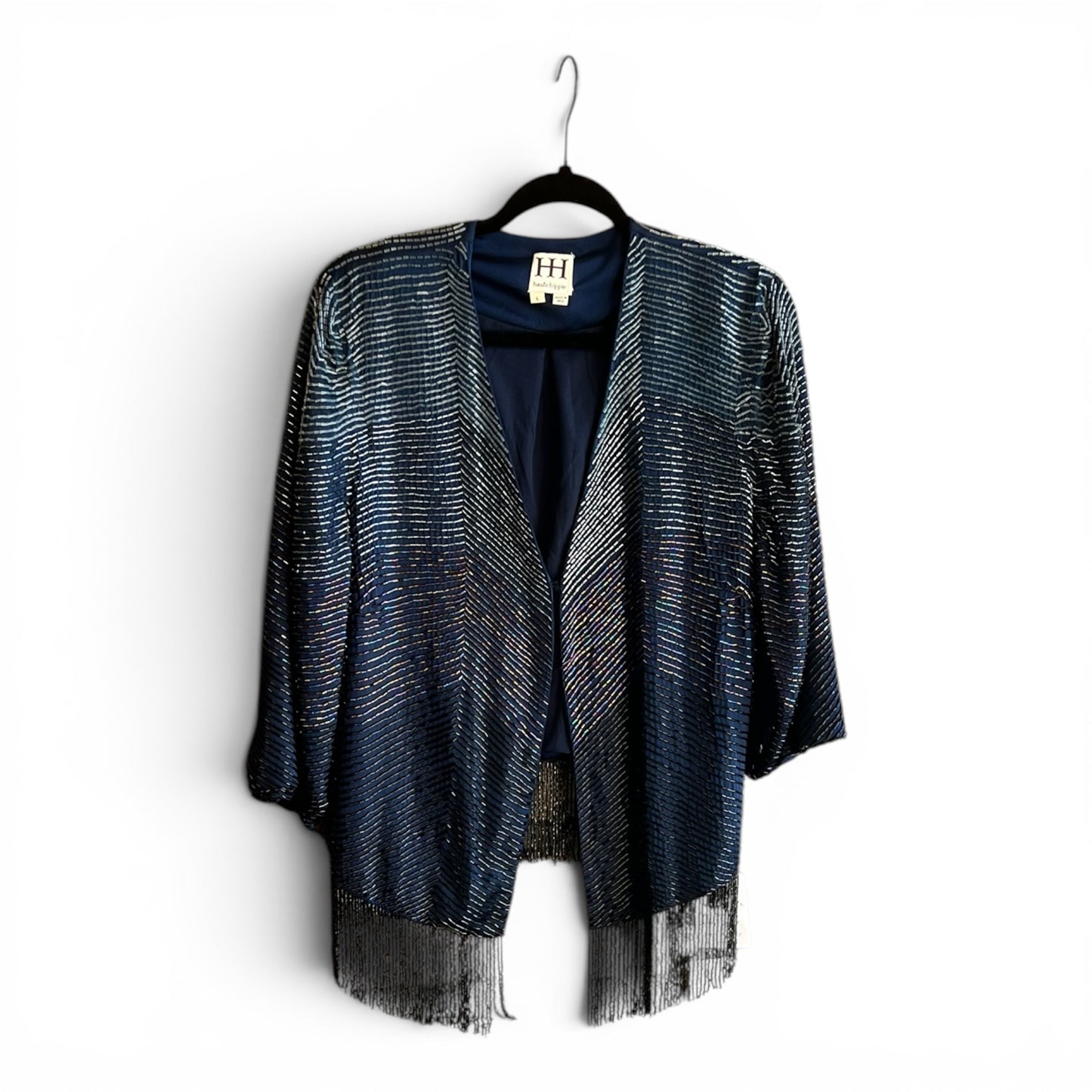Haute Hippie Navy Blue Sequined Fringe Silk Jacket, NWOT, size L
