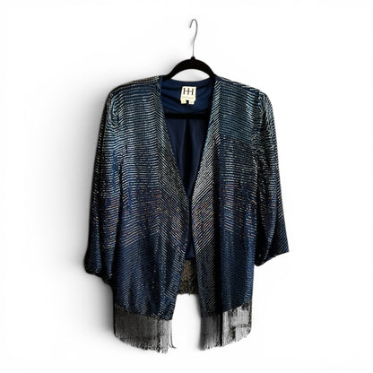 Haute Hippie Navy Blue Sequined Fringe Silk Jacket, NWOT, size L
