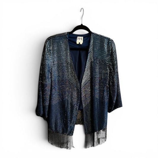Haute Hippie Navy Blue Sequined Fringe Silk Jacket, NWOT, size L