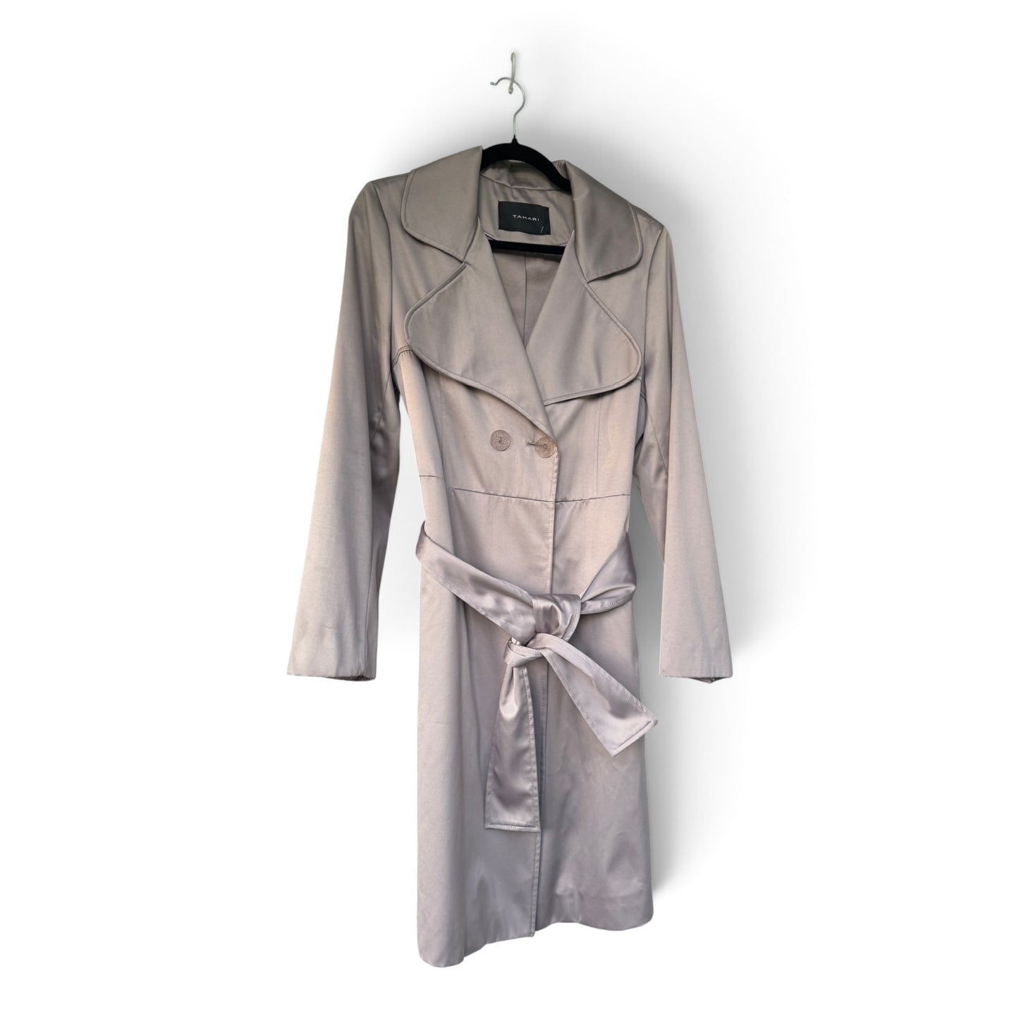 Tahari Grey / Taupe Satin-Finish Belted Trench Coat Jacket, Size M/L