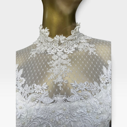 True Vintage 70s Chiffon Wedding Gown, Illusion Lace Back & Train, Size S