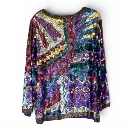 Vintage 80s Glam 100% Silk All-Over Sequined Plus Top, Size 2X