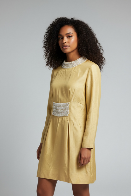 Vintage 60s Yellow Mini Dress with Pearl Embellishments, size s