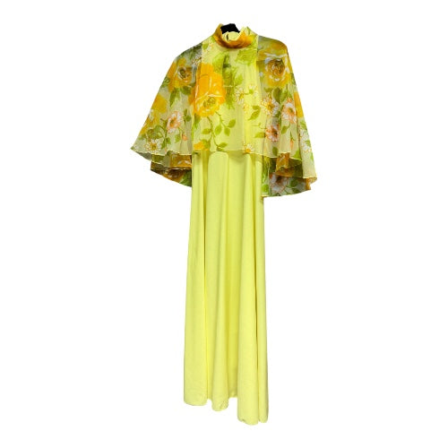 Fabulous Vintage Yellow Dress with Floral Cape, size s
