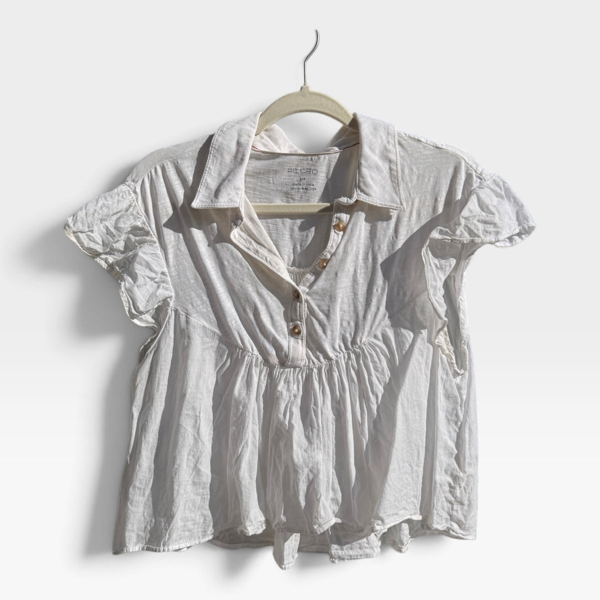 Anthropologie Pilcro Flutter-Sleeve White Babydoll Shirt, 100% Cotton, Size MP