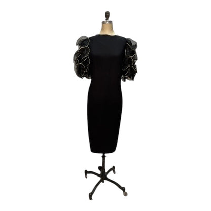 Black and Gold Puff Shoulder 1980s Statement Dress, size L