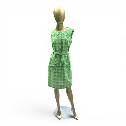 Vintage 70s Green Plaid Shirt Dress, 100% Cotton, Made in Portugal, Size M