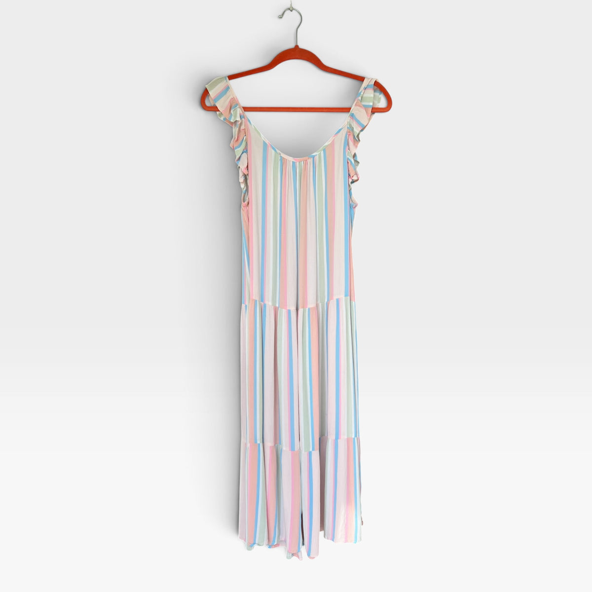 Gauzy Vertical Stripes Midi Tank Dress, Flutter Sleeves, Absolutely Famous, Size L