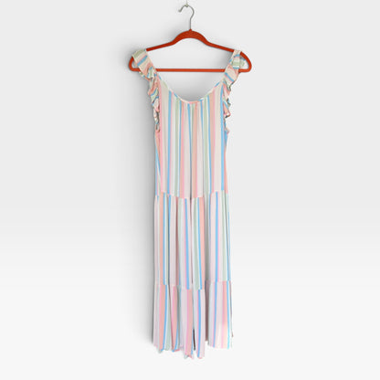 Gauzy Vertical Stripes Midi Tank Dress, Flutter Sleeves, Absolutely Famous, Size L
