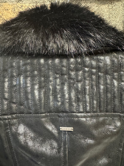 NWT Guess Black Faux Leather with Fur Trim Jacket, size small