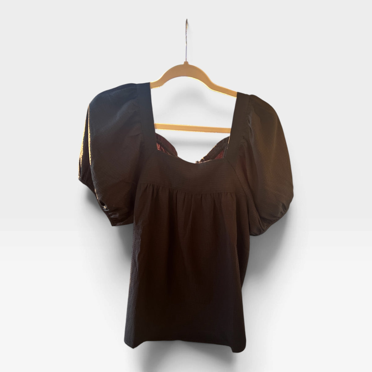 Madewell Black Seersucker Puff Sleeve Top, Boho Blouse, Size M