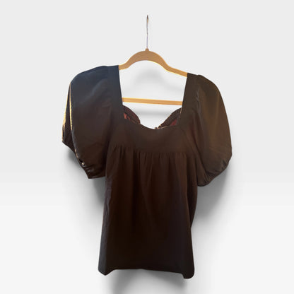 Madewell Black Seersucker Puff Sleeve Top, Boho Blouse, Size M