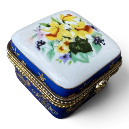 Vintage Cobalt Blue Porcelain Floral Hinged Trinket Box