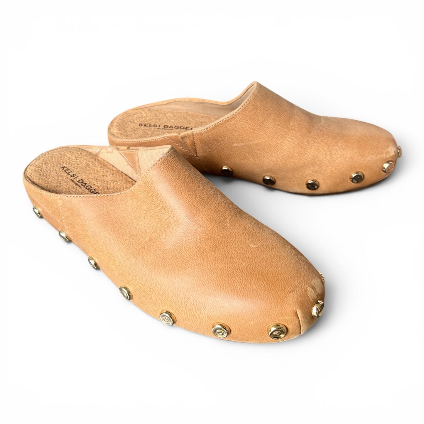 Kelsi Dagger Brooklyn Leather Market Clogs Gold Stud Slides, Size 9.5