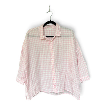 CP Shades Pink Gingham 100% Linen Women’s Button Up Shirt, Size L