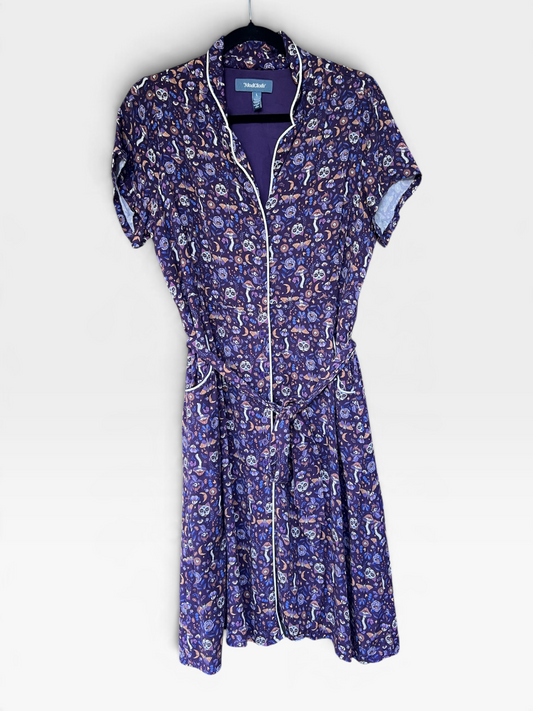 ModCloth Purple Whimsical Mushroom & Skull Midi Shirt Dress, Size L