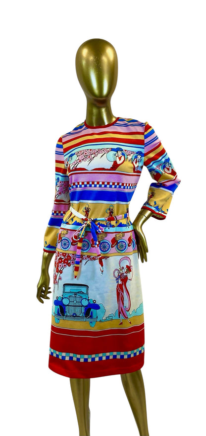 Vintage 60s Graphic Deco Dress With Car Print by Goldworm/Italy, size s