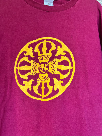 Vintage 90s Tibetan Prayer Wheel Buddhism Burgundy 100% Cotton Tee, Size XL