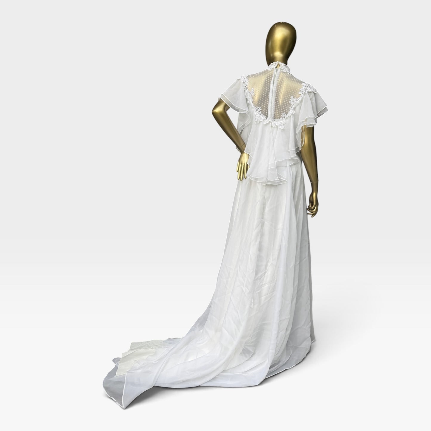 True Vintage 70s Chiffon Wedding Gown, Illusion Lace Back & Train, Size S