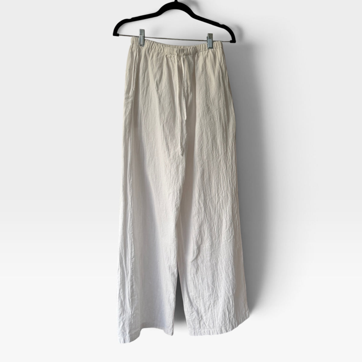 White Linen-Like Flowy Drawstring Waist Pants, Trousers, Size Small