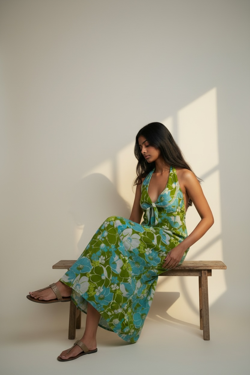 Tropical 1960s Long Sleeveless Floral Dress, size m