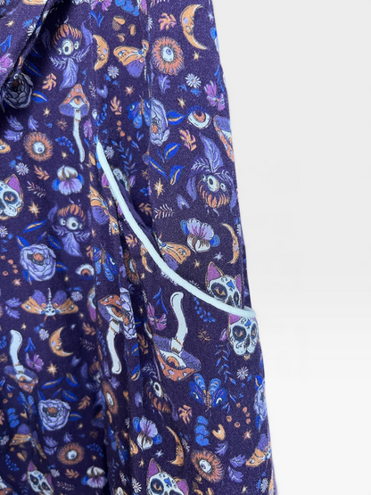 ModCloth Purple Whimsical Mushroom & Skull Midi Shirt Dress, Size L