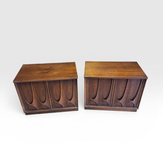Mid Century Modern Walnut Nightstands Pair | Sculpted Wood MCM End Tables