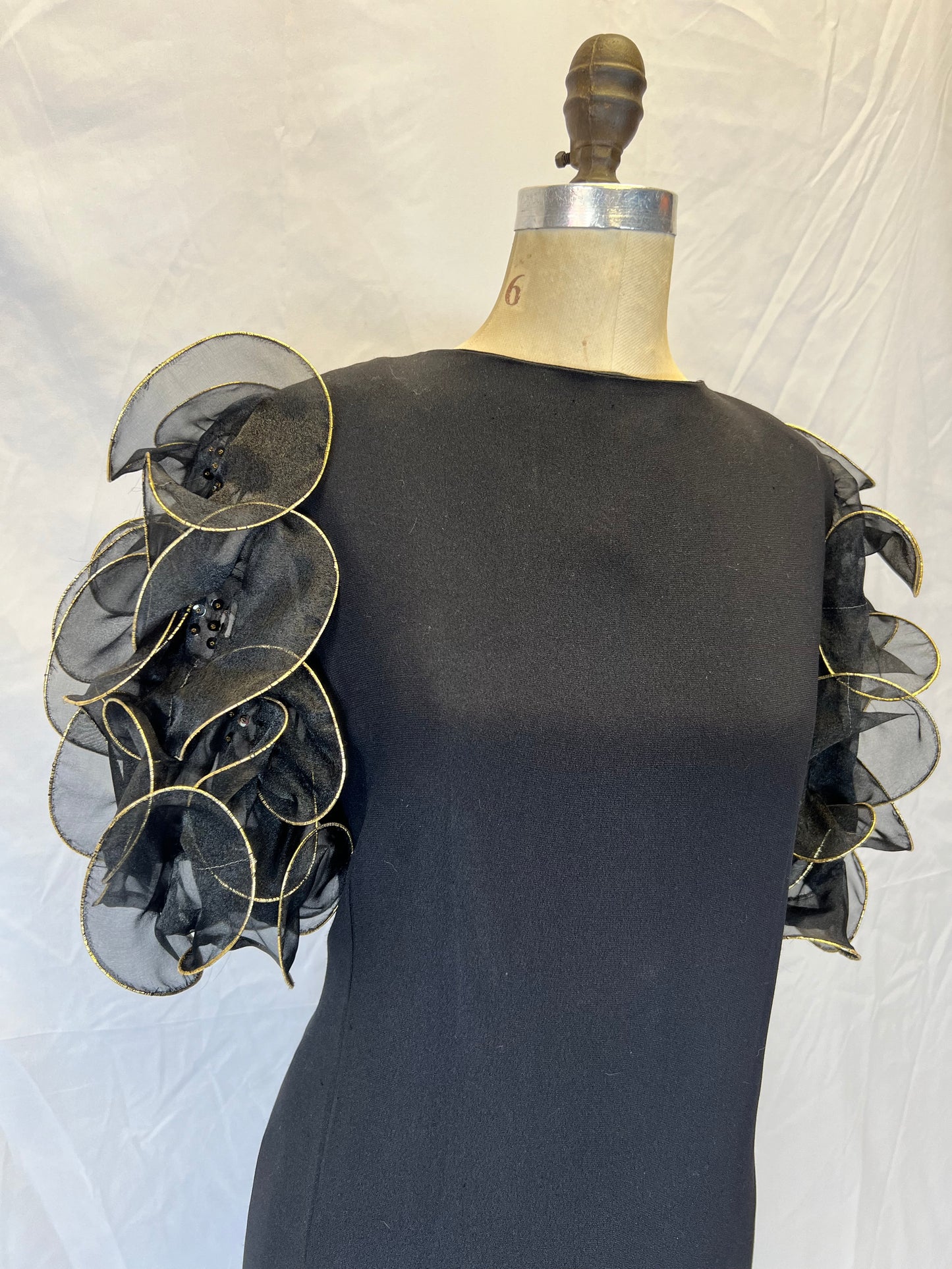Black and Gold Puff Shoulder 1980s Statement Dress