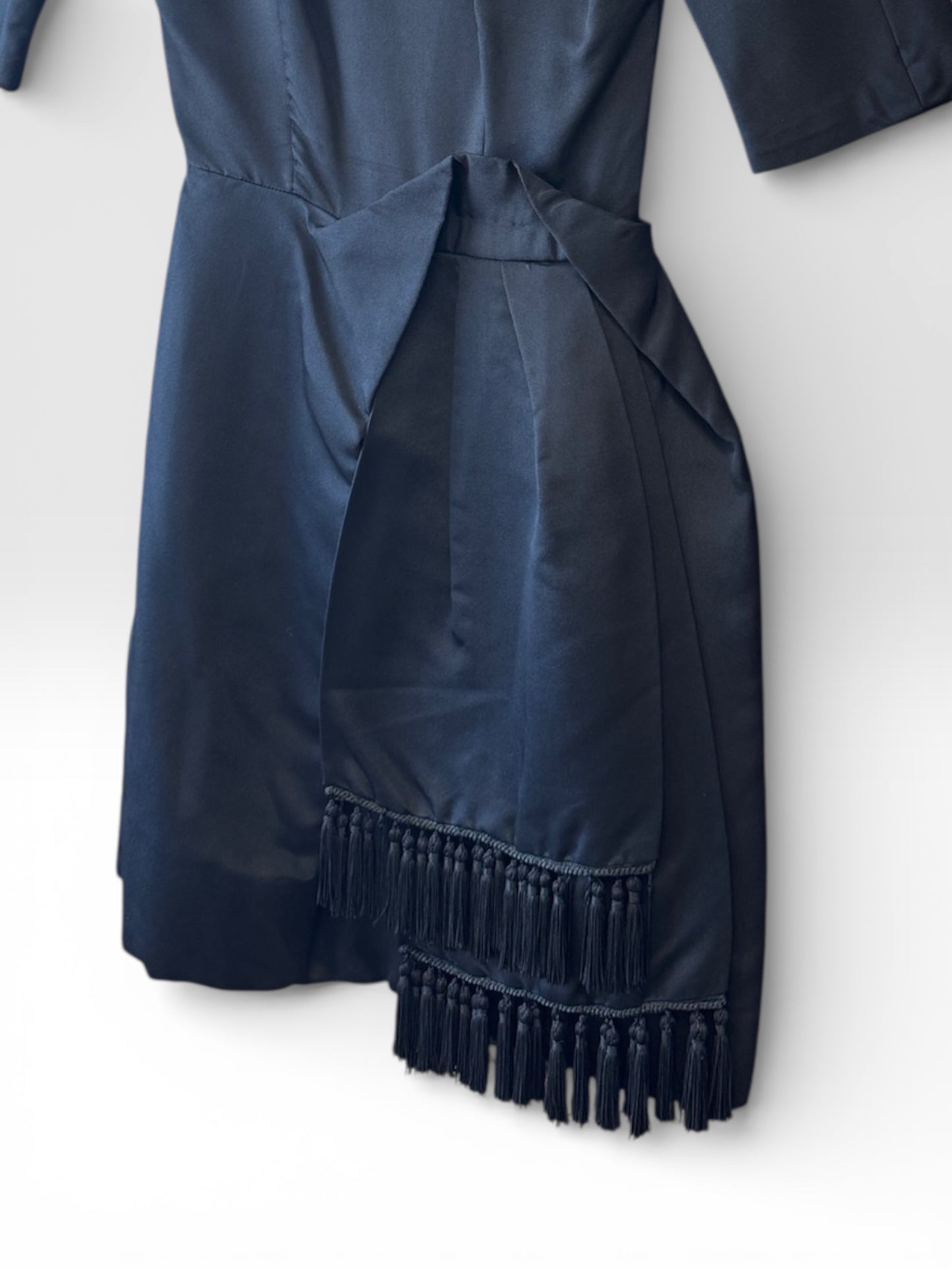 Vintage Black Asymmetric Fringe Hem 50s Cocktail Dress, size xs