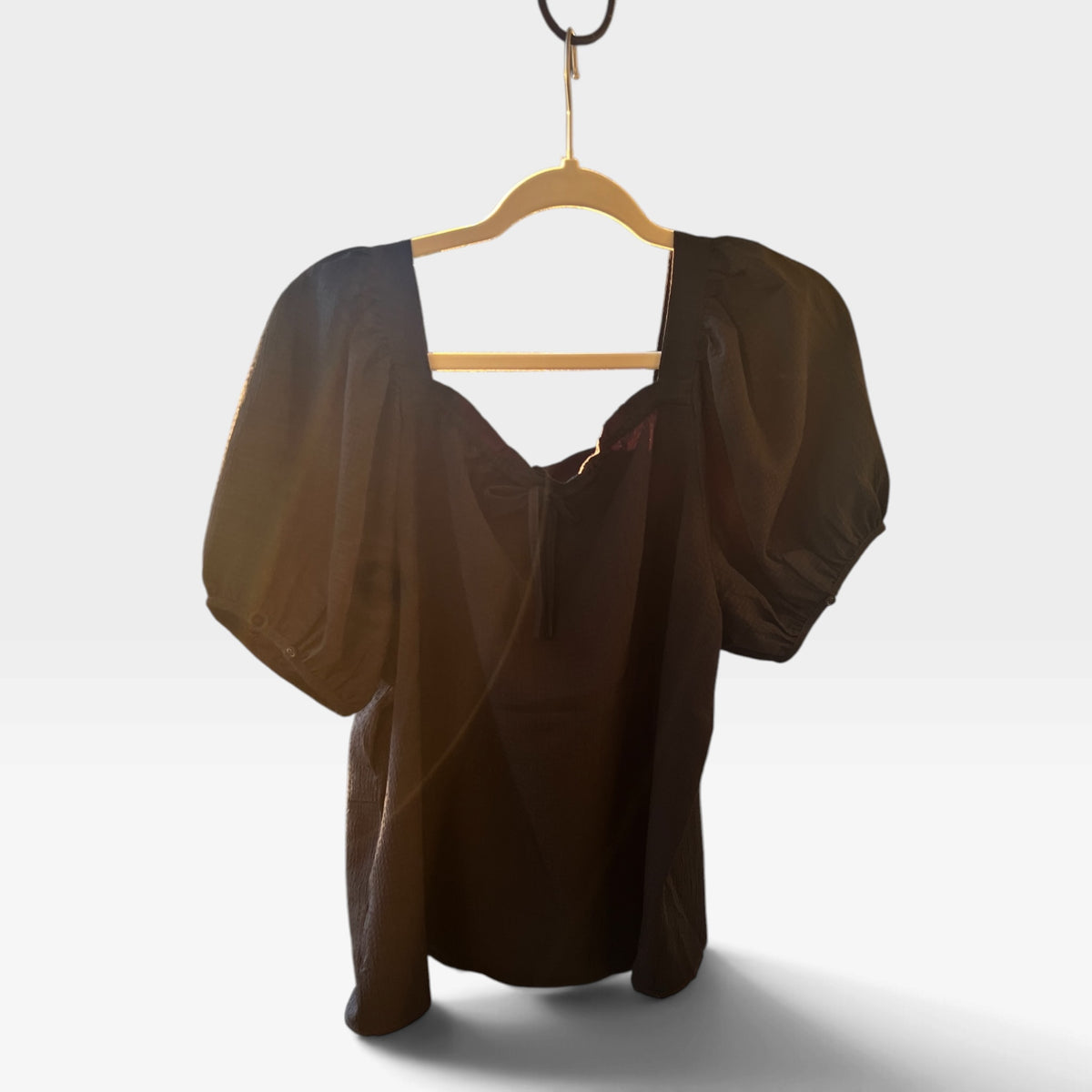 Madewell Black Seersucker Puff Sleeve Top, Boho Blouse, Size M