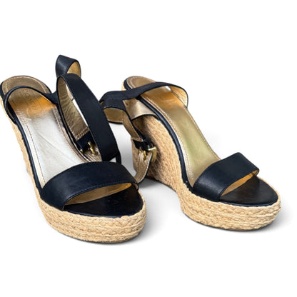 COACH Black Leather Espadrille Platform Wedge Sandals, Size 8.5