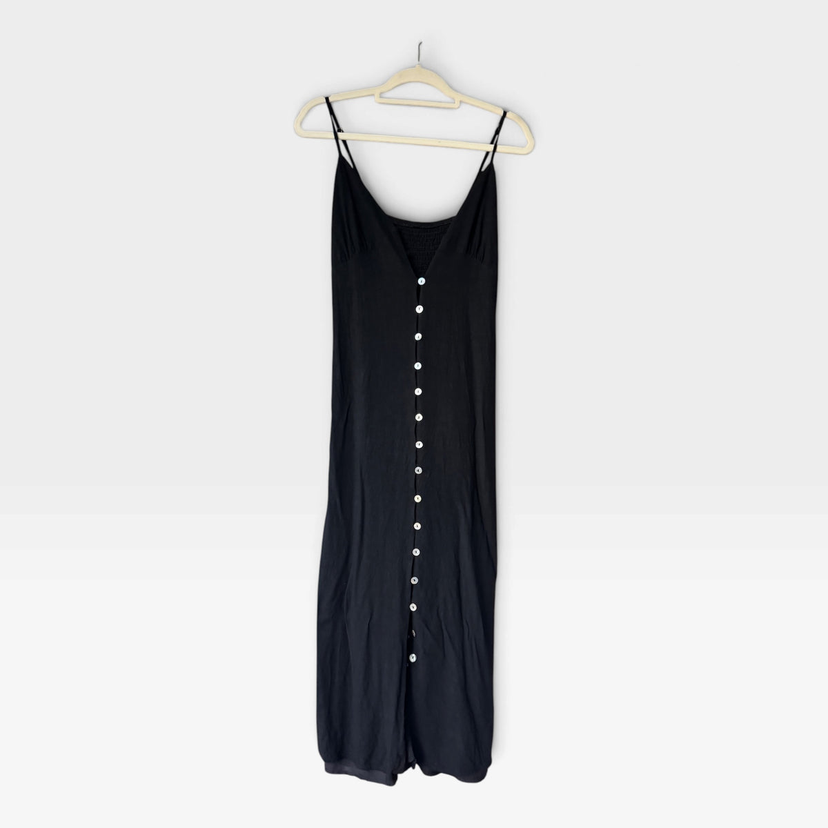Minimalist Black Button-Front Slip Dress, Spaghetti Strap Midi, Linen Blend, Size S/M