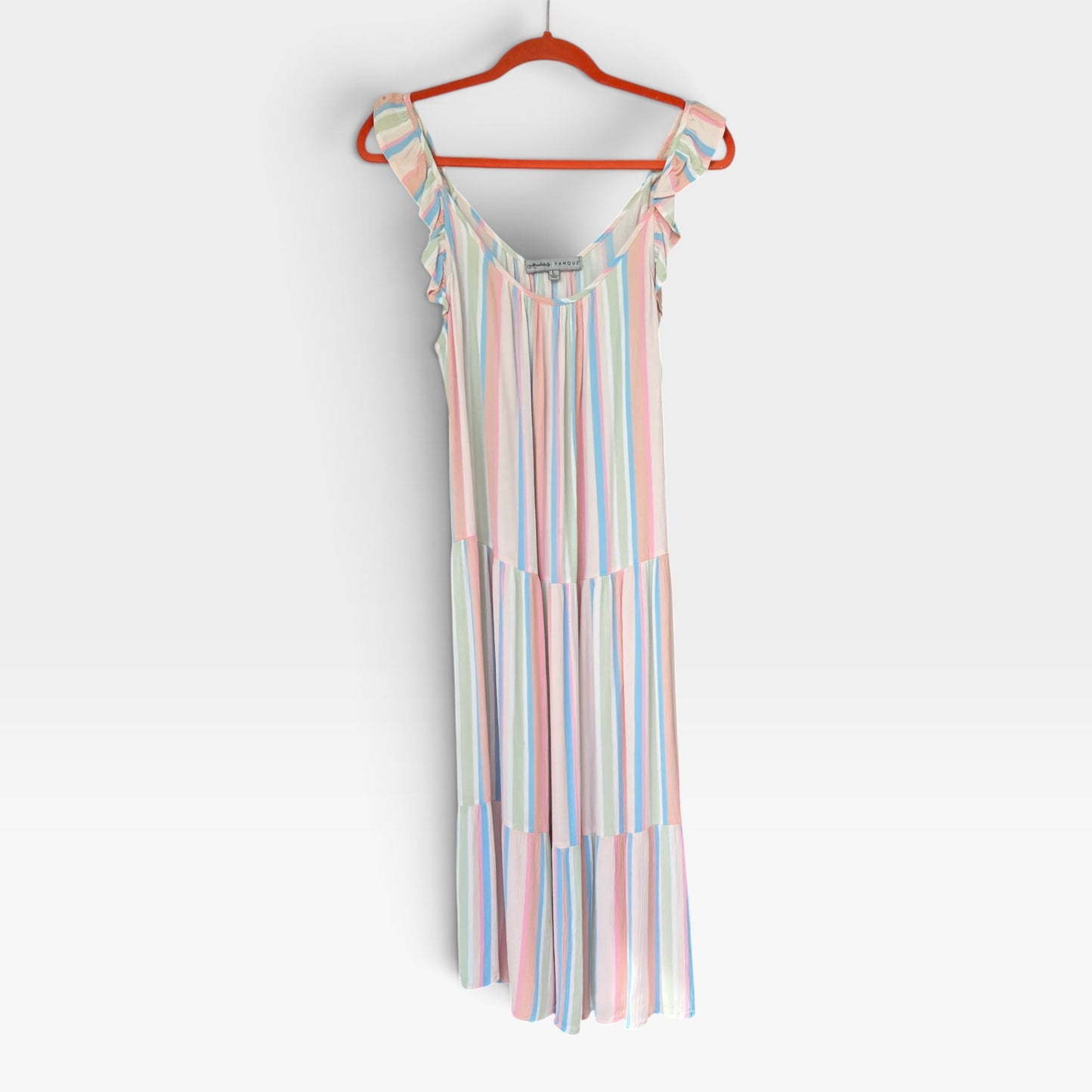Gauzy Vertical Stripes Midi Tank Dress, Flutter Sleeves, Absolutely Famous, Size L