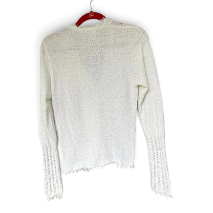 sw_casual Women’s White Textured Cardigan, Frayed Hem & Trim, Size L