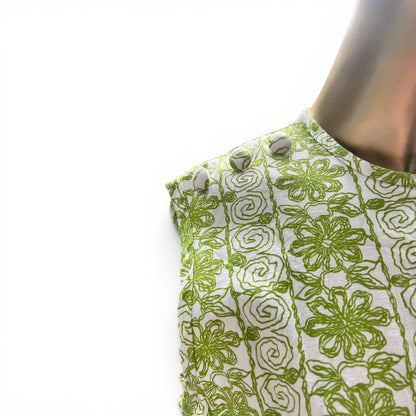 Mod 60s True Vintage Belted Green Patterned Dress, Tiki, Size Small
