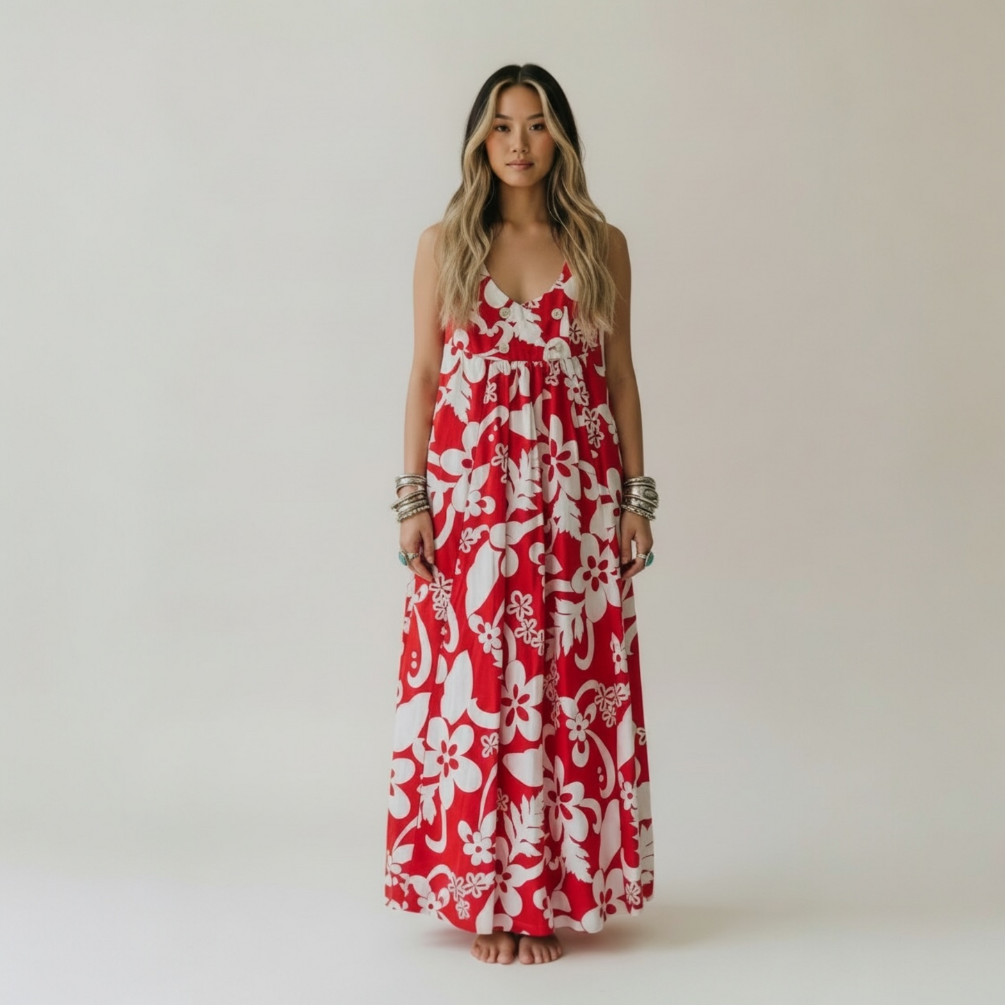 Vintage Tropical Red & White Floral 1960’s Hawaiian Dress, size xs/s