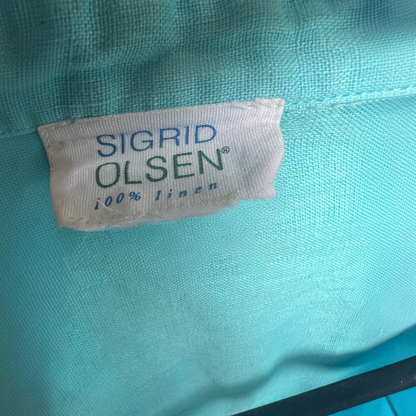 100% Linen Sigrid Olsen Button-Up Shirt, Bright Turquoise Blue, Size XL