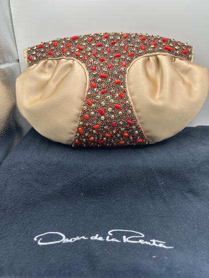 Oscar de la Renta Satin/Stone Modern Clutch Purse