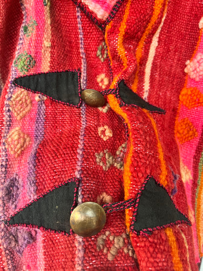 Vintage Boho Woven Kimono Jacket Red Stripes Pockets Kantha, Size XL
