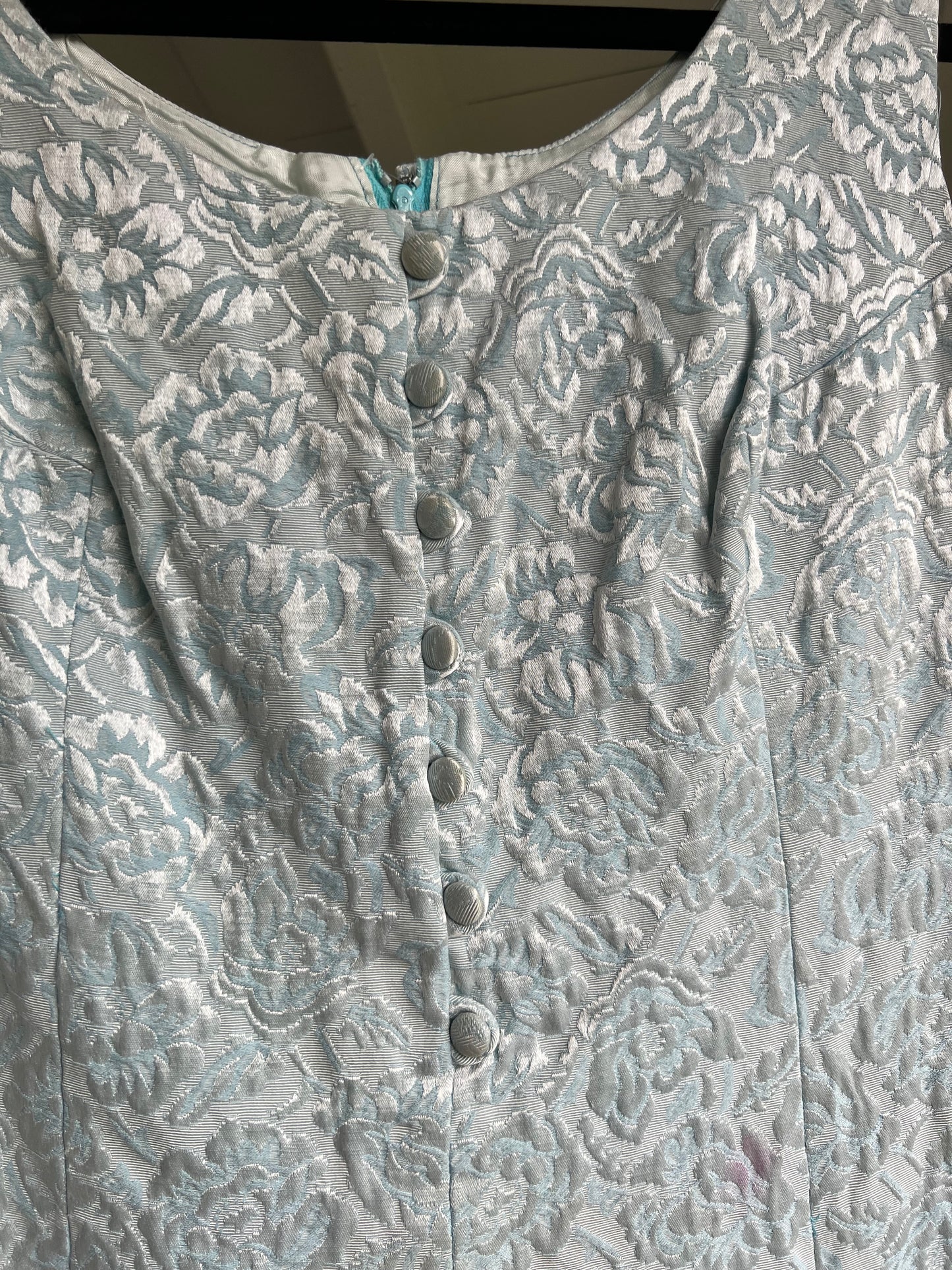 Vintage 1960s Pale Blue Floral Brocade Mini Shift Dress, Size S