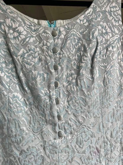 Vintage 1960s Pale Blue Floral Brocade Mini Shift Dress, Size S