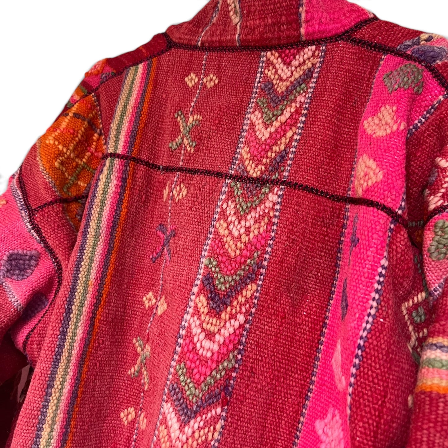 Vintage Boho Woven Kimono Jacket Red Stripes Pockets Kantha, Size XL